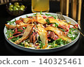 Salad with Pear, Arugula, Jamon, Blue Cheese and Blueberry, Delicious Fresh Salad Appetizer on Bright Background 140325461