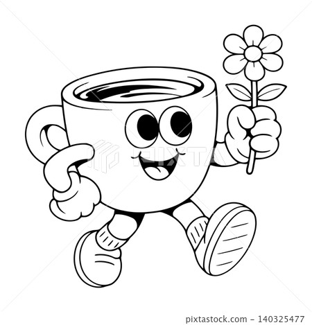 Smiling coffee cup mascot holding flower in line art style for greeting card and sticker 140325477