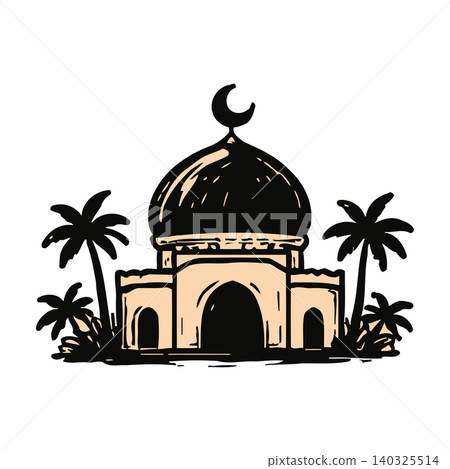 Mosque illustration with palm trees in black and beige line art style for cultural and religious Mosque illustration with palm trees in black and beige line art style for cultural and religious 140325514