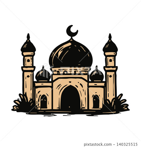 Mosque building illustration in black and beige line art style for cultural and religious symbol use Mosque building illustration in black and beige line art style for cultural and religious symbol use 140325515