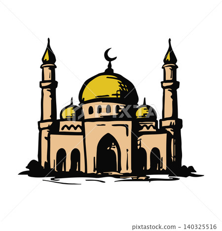 Mosque illustration in gold and beige line art style for cultural or religious editorial Mosque illustration in gold and beige line art style for cultural or religious editorial 140325516