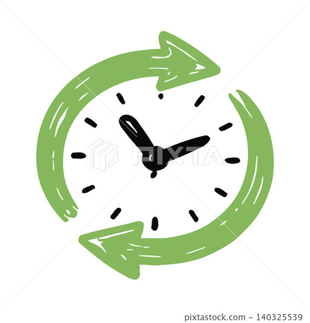 Green clock face with circular arrows in hand-drawn doodle style for time cycle concept Green clock face with circular arrows in hand-drawn doodle style for time cycle concept 140325539