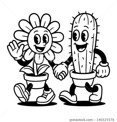 Smiling flower and cactus mascots in line art style for greeting cards and stickers Smiling flower and cactus mascots in line art style for greeting cards and stickers 140325578