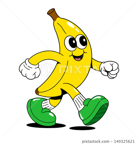 Smiling banana mascot in green shoes cartoon vector style for food branding Smiling banana mascot in green shoes cartoon vector style for food branding 140325621
