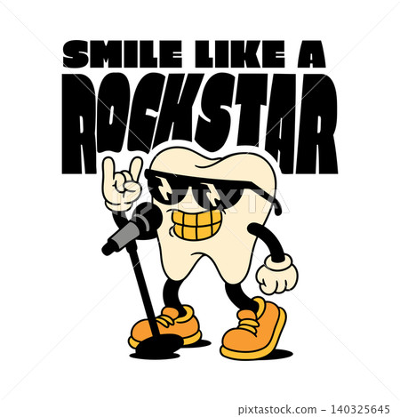 Tooth mascot in sunglasses smiling and rocking with microphone in bold flat vector style for dental Tooth mascot in sunglasses smiling and rocking with microphone in bold flat vector style for dental 140325645