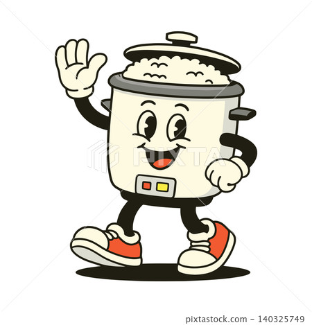 Smiling rice cooker mascot in modern flat vector style for food branding and packaging 140325749