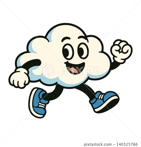 Smiling cloud mascot in running motion with blue sneakers in cartoon vector style for kids Smiling cloud mascot in running motion with blue sneakers in cartoon vector style for kids 140325766