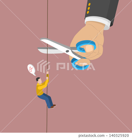 3D Isometric Flat Vector Illustration of Betrayal, Businessman Climbing Rope, Giant Hand With Scissors Cutting 140325920