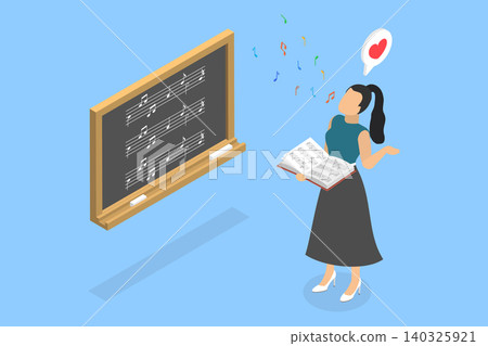 3D Isometric Flat Vector Illustration of Music Class, Female Singer Helps Students Improve Their Voice Standing Next To Blackboard With Musical Notes. 3D Isometric Flat Vector Illustration of Music Class, Female Singer Helps Students Improve Their Voice Standing Next To Blackboard With Musical Notes. 140325921