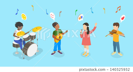 3D Isometric Flat Vector Illustration of Kids Band, Cheerful Child Singing Music 140325932