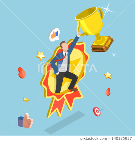 3D Isometric Flat Vector Illustration of Employee Appreciation, Entrepreneur Proudly Holding Achievement Badge. 140325937