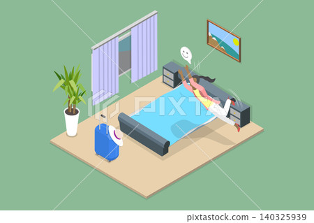 3D Isometric Flat Vector Illustration of Vacation, Excited Woman Tourist Leaps On Hotel Bed To Celebrate Upcoming Vacation At Sunny Resort. 140325939