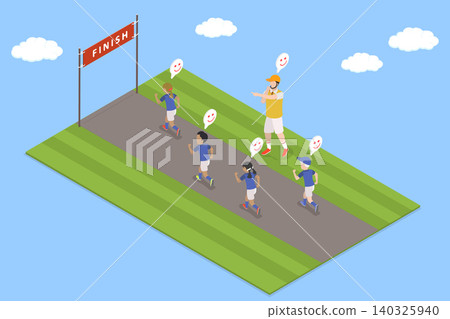 3D Isometric Flat Vector Illustration of School Gym Class, Kids Running Race With Teacher Holding Note Of Instructions 3D Isometric Flat Vector Illustration of School Gym Class, Kids Running Race With Teacher Holding Note Of Instructions 140325940
