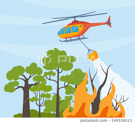 Firefighting helicopter dropping water on a forest fire to extinguish flames. Vector illustration. Firefighting helicopter dropping water on a forest fire to extinguish flames. Vector illustration. 140326013