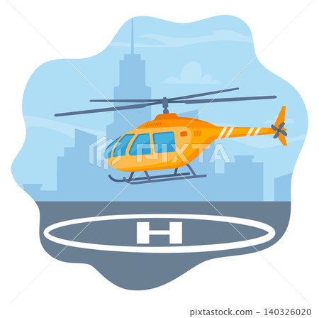 Helicopter is shown hovering over a landing pad against a light urban skyline, vector illustration Helicopter is shown hovering over a landing pad against a light urban skyline, vector illustration 140326020