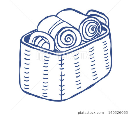 Rectangular Woven Storage Basket and Folded Textiles Towels. Eco-Friendly Home Organization and Laundry Organizer. Sustainable Zero Waste Lifestyle. Home Comfort. Outline Doodle Vector Illustration. Rectangular Woven Storage Basket and Folded Textiles Towels. Eco-Friendly Home Organization and Laundry Organizer. Sustainable Zero Waste Lifestyle. Home Comfort. Outline Doodle Vector Illustration. 140326063