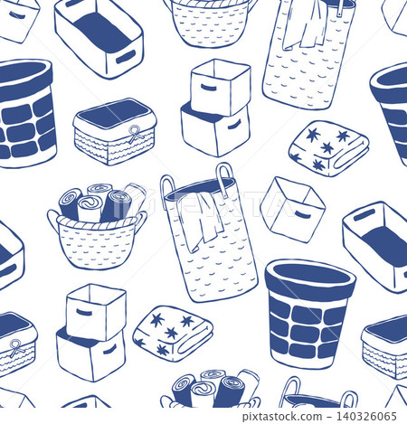 Seamless Pattern Eco-Friendly Home Storage Items. Woven Basket, Hamper, Organizer, Bucket, Crates and Boxes on White Background. Blue Doodle. Vector Illustration. Sustainable Packaging and Home Decor. Seamless Pattern Eco-Friendly Home Storage Items. Woven Basket, Hamper, Organizer, Bucket, Crates and Boxes on White Background. Blue Doodle. Vector Illustration. Sustainable Packaging and Home Decor. 140326065
