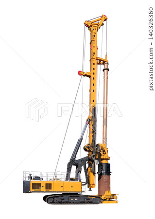 Vertical view, isolated full-size image of a tracked rotary drilling rig for deep foundation drilling, on a white background Vertical view, isolated full-size image of a tracked rotary drilling rig for deep foundation drilling, on a white background 140326360