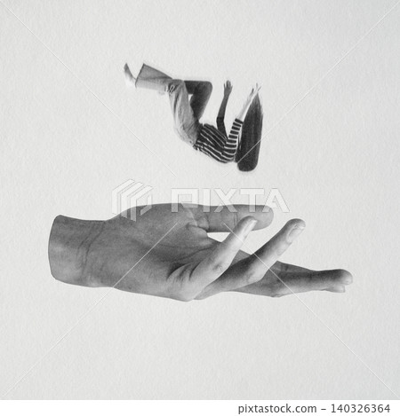 Hand offering support to falling human figure Hand offering support to falling human figure 140326364