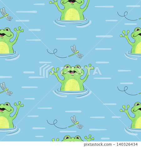 Cartoon frog pattern. Seamless vector watercolor background with frogs and dragonflies Cartoon frog pattern. Seamless vector watercolor background with frogs and dragonflies 140326434