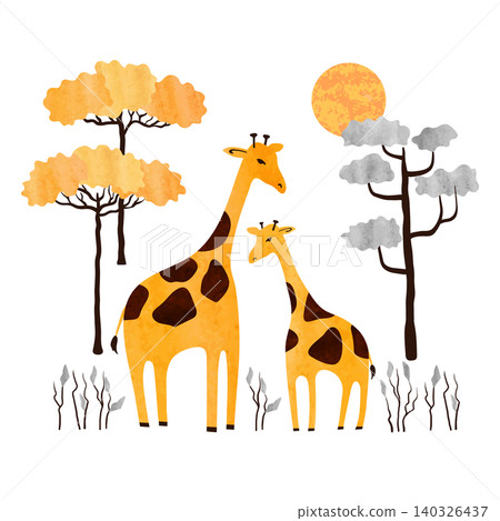 Cartoon giraffes family - Mom and baby. Vector African animals watercolor illustration Cartoon giraffes family - Mom and baby. Vector African animals watercolor illustration 140326437
