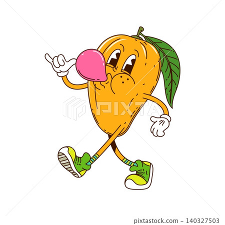 Cartoon groovy mango fruit character blowing a bubble gum with shaka gesture. Isolated vector lively, retro mango tropical fruit personage walks, dressed in sneakers, exuding playful and cheerful vibe 140327503