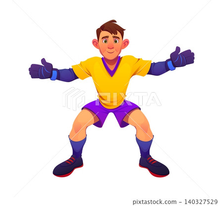 Football player or soccer goalkeeper character of sport game team, cartoon icon. Goalkeeper or goalie player man in team uniform catching goal in European football or soccer sport game match character Football player or soccer goalkeeper character of sport game team, cartoon icon. Goalkeeper or goalie player man in team uniform catching goal in European football or soccer sport game match character 140327529