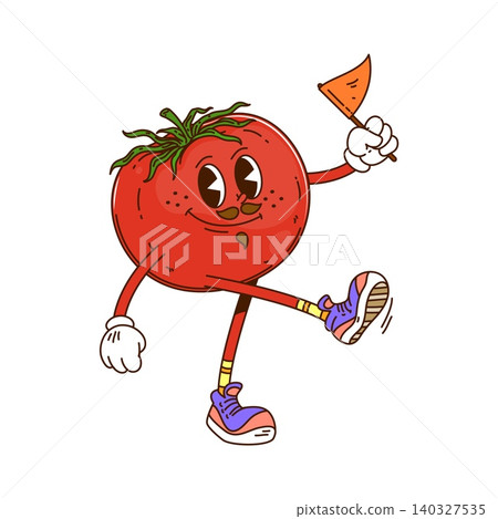Groovy cartoon ripe tomato vegetable character with mustaches. Vector healthy tomato veggie retro food personage with funky hippie trippy smiling face, wear vintage sneakers and carries a flag in hand Groovy cartoon ripe tomato vegetable character with mustaches. Vector healthy tomato veggie retro food personage with funky hippie trippy smiling face, wear vintage sneakers and carries a flag in hand 140327535
