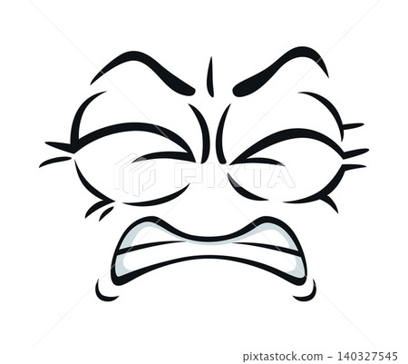Cartoon funny face expression emoji with an angry, scowling emotion, featuring clenched teeth and furrowed brows. Cartoon vector icon for website, game, app, social media and presentations 140327545