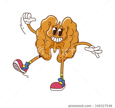 Cartoon groovy funky walnut nut seed character is smiling and showcasing healthy and energetic y2k vibes. Isolated vector lively peeled walnut kernel personage posing with vintage gloves and sneakers Cartoon groovy funky walnut nut seed character is smiling and showcasing healthy and energetic y2k vibes. Isolated vector lively peeled walnut kernel personage posing with vintage gloves and sneakers 140327546