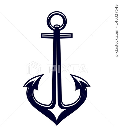 Black ship anchor silhouette. Nautical marine icon representing strength, stability, and seafaring. Vector emblem of heavy armature object, steel shipping and boating equipment with symmetrical shape Black ship anchor silhouette. Nautical marine icon representing strength, stability, and seafaring. Vector emblem of heavy armature object, steel shipping and boating equipment with symmetrical shape 140327549