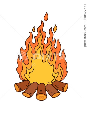 Cartoon funky groovy campfire, travel and camping object, tourism item. Isolated vector burning fire flames with logs, symbolizes outdoor adventures, warmth and gathering around the fire for stories Cartoon funky groovy campfire, travel and camping object, tourism item. Isolated vector burning fire flames with logs, symbolizes outdoor adventures, warmth and gathering around the fire for stories 140327555