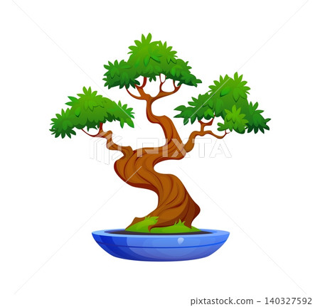 Cartoon Japanese garden bonsai tree plant. Twisted brown trunk with lush green layered foliage canopy in blue ceramic pot. Vector bonsai tree for Asian decor prints or greeting cards Cartoon Japanese garden bonsai tree plant. Twisted brown trunk with lush green layered foliage canopy in blue ceramic pot. Vector bonsai tree for Asian decor prints or greeting cards 140327592