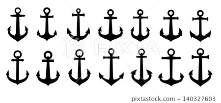 Ship anchor clean black silhouettes set. Timeless symbols of strength and stability for marine labels, yacht clubs, travel emblems, sailing tattoo and maritime branding, nautical heraldry Ship anchor clean black silhouettes set. Timeless symbols of strength and stability for marine labels, yacht clubs, travel emblems, sailing tattoo and maritime branding, nautical heraldry 140327603