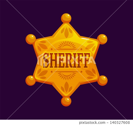 Wild West sheriff badge or golden western police officer star shield, cartoon vector icon. Sheriff badge of golden star with shiny ornament for Western American policeman and Wild West cowboy officer Wild West sheriff badge or golden western police officer star shield, cartoon vector icon. Sheriff badge of golden star with shiny ornament for Western American policeman and Wild West cowboy officer 140327608