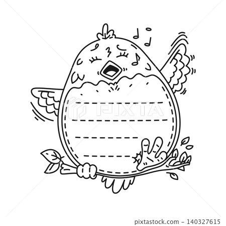 Kids memo note frame with cartoon cute singing bird perched on a branch, featuring dashed lines on its belly. Black and white vector template for kids writing worksheets, educational activities Kids memo note frame with cartoon cute singing bird perched on a branch, featuring dashed lines on its belly. Black and white vector template for kids writing worksheets, educational activities 140327615