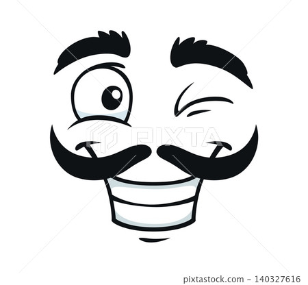 Happy winking emoji or cartoon face with mustaches and smile cheer expression for emoticon icon. Funny face with winking eye for flirt teasing and friendly playful look cartoon emoji with moustaches Happy winking emoji or cartoon face with mustaches and smile cheer expression for emoticon icon. Funny face with winking eye for flirt teasing and friendly playful look cartoon emoji with moustaches 140327616