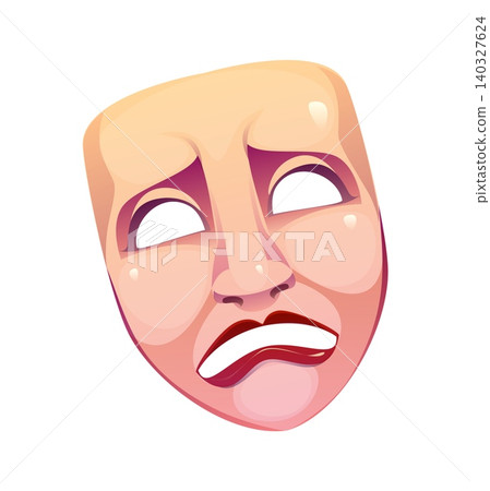 Cartoon theatrical tragedy mask with a sorrowful expression, furrowed brows, and a frowning mouth. Vector face, movie and cinema object represent sadness, grief, and emotional dramatic depth Cartoon theatrical tragedy mask with a sorrowful expression, furrowed brows, and a frowning mouth. Vector face, movie and cinema object represent sadness, grief, and emotional dramatic depth 140327624