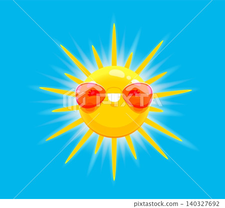 Cartoon happy sun mascot character with smile face. Vibrant yellow sun wearing bright red sunglasses, featuring joyful grin and long pointed rays. Vector personage for summer holiday decorations Cartoon happy sun mascot character with smile face. Vibrant yellow sun wearing bright red sunglasses, featuring joyful grin and long pointed rays. Vector personage for summer holiday decorations 140327692