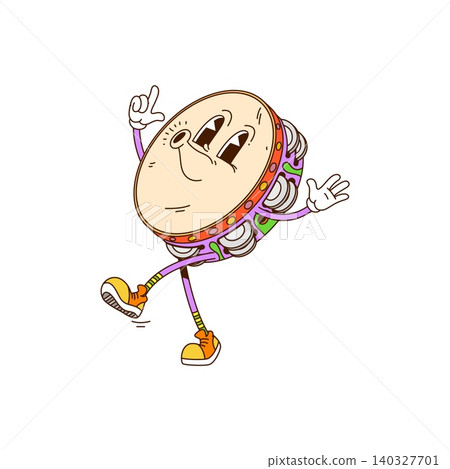 Groovy tambourine music instrument cartoon character with funky face, vector comic emoji. Groovy tambourine character with silly smile, whistling song melody and walking in Y2K hippie or hipster shoes Groovy tambourine music instrument cartoon character with funky face, vector comic emoji. Groovy tambourine character with silly smile, whistling song melody and walking in Y2K hippie or hipster shoes 140327701