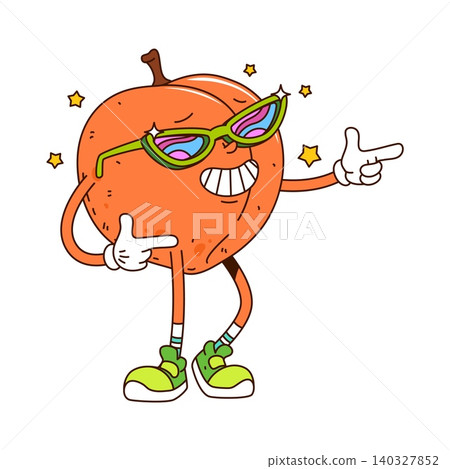 Cartoon retro groovy nectarine, peach or apricot fruit character dancing in hippie sunglasses, exuding sense of y2k fun. Isolated vector ripe and cool fruit retro personage in vintage cool sneakers Cartoon retro groovy nectarine, peach or apricot fruit character dancing in hippie sunglasses, exuding sense of y2k fun. Isolated vector ripe and cool fruit retro personage in vintage cool sneakers 140327852
