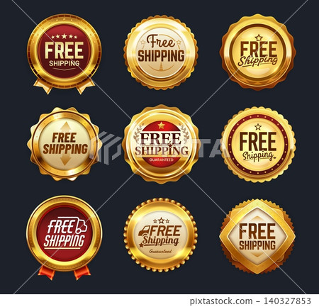 Free shipping golden labels, premium badges and seals with laurel wreaths, award medals. Vector set representing delivery guarantee for online shop, marketing, business offers and customer assurance 140327853
