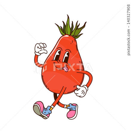 Cartoon groovy rosehip berry fruit character. Vector red rose hip retro hippie personage wearing vintage sneakers, happily strolling with happy smile and sticking out tongue, exuding funky y2k vibe 140327908