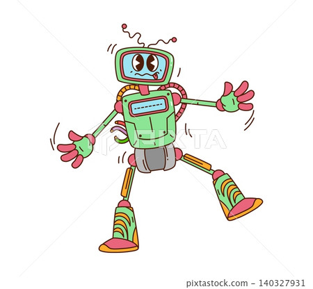Cartoon dancing green pink robot with wavy antennas and loose wires. Funky vector character sticking out its tongue. Trippy 70s personage for repair service branding or playful tech mascot 140327931