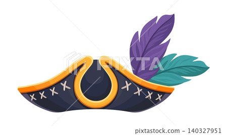 Cartoon pirate tricorn and corsair captain hat. Vector cocked hat. Swashbuckler captain headdress with purple and blue feathers. Caribbean sea sailor cap, filibuster historical costume accessory Cartoon pirate tricorn and corsair captain hat. Vector cocked hat. Swashbuckler captain headdress with purple and blue feathers. Caribbean sea sailor cap, filibuster historical costume accessory 140327951