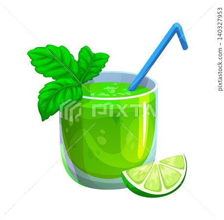 Cartoon green smoothie drink in glass with a straw, fresh mint leaves as garnish and a lime wedge on the side. Isolated vector fresh, healthy, and vibrant beverage for detox or a summer refreshment Cartoon green smoothie drink in glass with a straw, fresh mint leaves as garnish and a lime wedge on the side. Isolated vector fresh, healthy, and vibrant beverage for detox or a summer refreshment 140327953