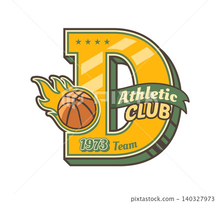 Varsity sport team patch and label. Bold letter D with flaming basketball, text and five stars in gold and green retro design. Vintage patch for sports apparel, and basketball team uniforms Varsity sport team patch and label. Bold letter D with flaming basketball, text and five stars in gold and green retro design. Vintage patch for sports apparel, and basketball team uniforms 140327973