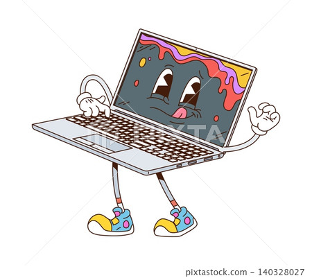 Groovy laptop or notebook cartoon character with funny face, vector comic emoji. Groovy funky laptop notebook computer with silly smile and tongue out as Y2K digital device cartoon character 140328027
