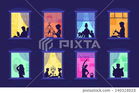 People life scenes in neighborhood night window. People cooking, dancing, reading newspaper, feeding birds, playing with cat, training. Vector home apartment building with evening routine silhouettes People life scenes in neighborhood night window. People cooking, dancing, reading newspaper, feeding birds, playing with cat, training. Vector home apartment building with evening routine silhouettes 140328028