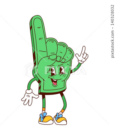 Cartoon retro groovy fan glove character. Vector funky foam finger sports personage mascot, standing with pointing finger, determined expression and nostalgic vibe, exuding excitement and team spirit Cartoon retro groovy fan glove character. Vector funky foam finger sports personage mascot, standing with pointing finger, determined expression and nostalgic vibe, exuding excitement and team spirit 140328032